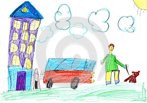 Child drawing buildings and cars. Happy family on a walk. Pencil art in childish style