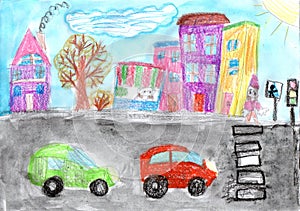 Child drawing buildings and cars. Happy family on a walk. Pencil art in childish style