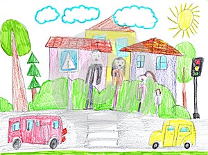 Child drawing buildings and cars. Happy family on a walk. Pencil art in childish style