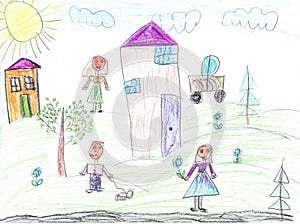 Child drawing buildings and cars. Happy family on a walk. Pencil art in childish style