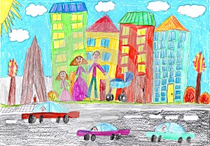 Child drawing buildings and cars. Happy family on a walk. Pencil art in childish style