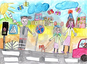 Child drawing buildings and cars. Happy family on a walk. Traffic controller. Pencil art in childish style