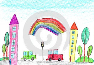 Child drawing of the buildings and cars. Pencil art in childish style