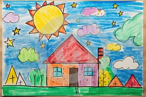 Child drawing, colorful crayons, naive style, family house illustration,