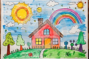 Child drawing, colorful crayons, naive style, family house illustration,