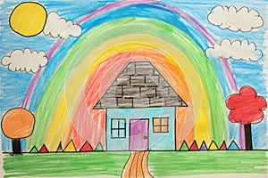 Child drawing, colorful crayons, naive style, family house illustration,