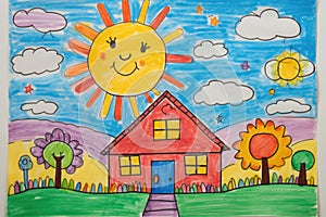 Child drawing, colorful crayons, naive style, family house illustration,