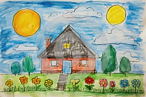 Child drawing, colorful crayons, naive style, family house illustration,