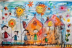 Child drawing, colorful crayons, naive style, family house illustration,
