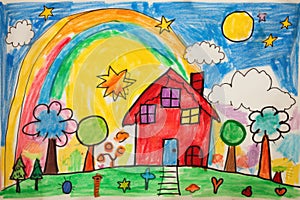 Child drawing, colorful crayons, naive style, family house illustration,