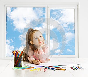 Child Drawing Dreaming Window, Creative Girl Thinking Inspiration