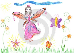 Child drawing fairy flying on a flower