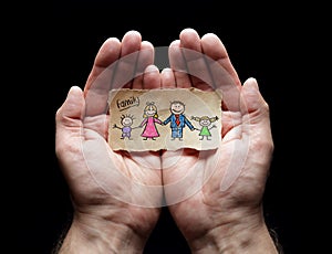 Child drawing of family with the protection of cupped hands photo