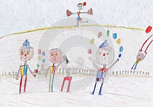 Child drawing of funny clowns and circus performers