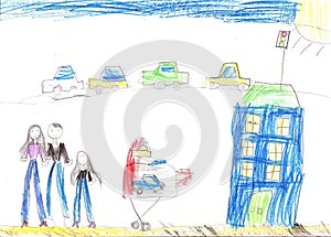 Child drawing happy family, building, car