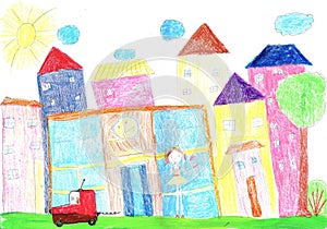 Child drawing happy family, building, car