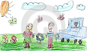 Child drawing of a happy family on a walk. Happy family on a walk outdoors