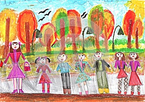 Child drawing of a happy family on a walk outdoors