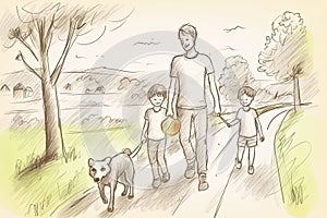 Child drawing of a happy family on a walk outdoors with a dog. Pencil art in childish style