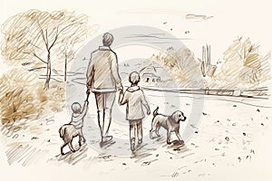 Child drawing of a happy family on a walk outdoors with a dog. Pencil art in childish style