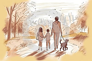 Child drawing of a happy family on a walk outdoors with a dog. Pencil art in childish style