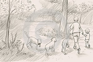 Child drawing of a happy family on a walk outdoors with a dog. Pencil art in childish style