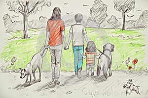 Child drawing of a happy family on a walk outdoors with a dog. Pencil art in childish style