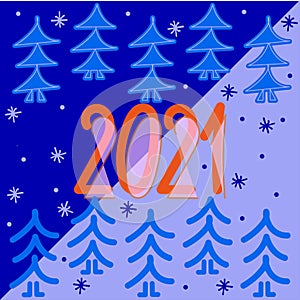 Child drawing 2021 New Year banner. Hand lettering, snowflakes, Christmas trees in trendy blue and red colors. Vector illustration