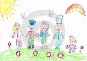 Child drawing of a People Group Different Occupation Profession. Pencil art in childish style