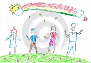 Child drawing of a People Group Different Occupation Profession. Pencil art in childish style