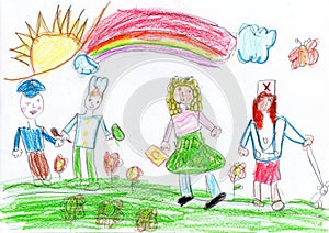 Child drawing of a People Group Different Occupation Profession. Pencil art in childish style