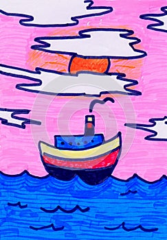 Child drawing ship floating in sea with sails