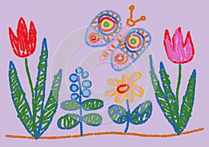 Child Drawing Styled Flowers and Butterfly photo