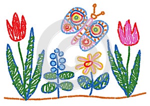 Child Drawing Styled Flowers and Butterfly photo