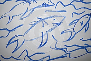 Child drawing white font background blue colors color pencil pencils fish sharks shark under water