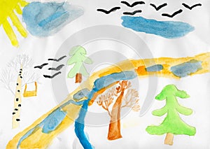 Child drawing wooden landscape