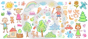 Child drawings. Kids doodle paintings, children crayon drawing and hand drawn kid vector illustration