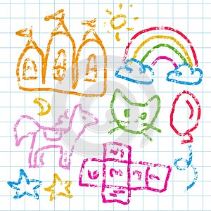 Child drawings set with crayon rough strokes. Kids doodle, children crayon drawing and hand drawn castle rainbow, horse