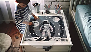 Child draws an image of an astronaut in a spacesuit on the surface of the Moon against the stars