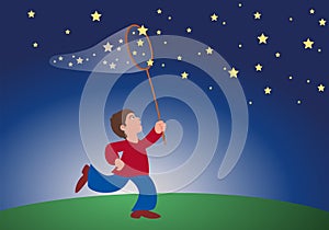 A child dreams of catching stars with a net.