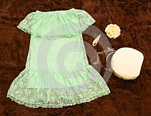 Child dress and small bag with accessories, look book, shop catalogue, kids fashion