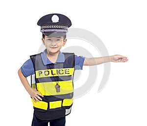 child dressed police officer standing white background