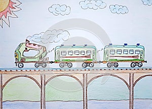 The child drew a train on the bridge