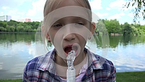 Child Drinking Water in Park, Thirsty Girl Portrait View by Fountain Outdoor 4K