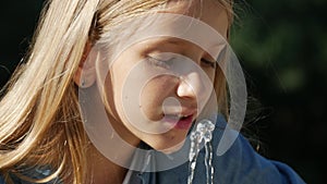Child Drinking Water from Public Fountain in Park, Little Girl Playing in Water