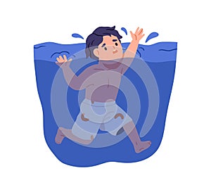 Child drowning in water. Little kid sinking in sea, swimming in pool. Small boy toddler in danger, accident, calling for