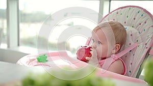 Child eating apple. Baby healthy food concept. Sweet baby eating fruit