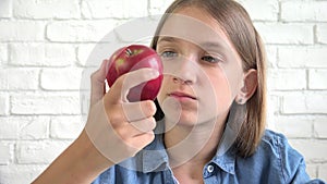 Child Eating Apple, Kid Eats Fruits, Young Girl Eating Healthy Food at Breakfast in Kitchen, Children Healthcare