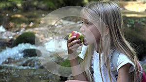 Child Eating Apples by River, Camping Mountains View, Girl Eats Fresh Fruits 4K