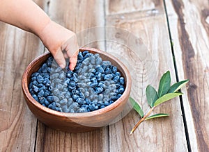 Child eating blue berries photo